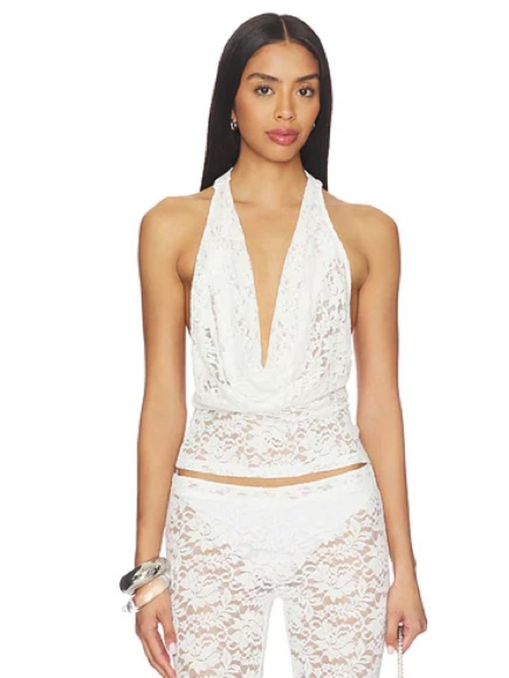 Superdown Revolve Tania White Sheer Lace Plunge Halter Neck Backless Top Size XS
